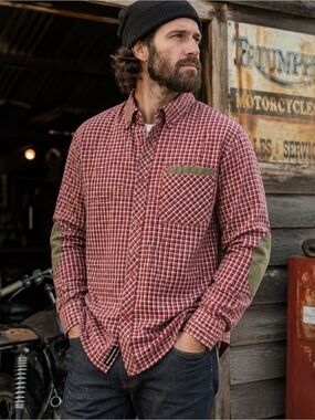The Hundreds XL Plaid Button Up Shirt Red Check Long Sleeve Elbow Patches
